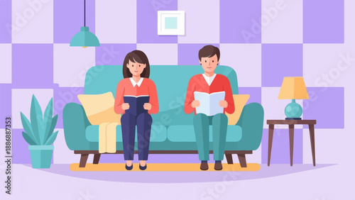 Two people reading books while sitting on a sofa in a room
