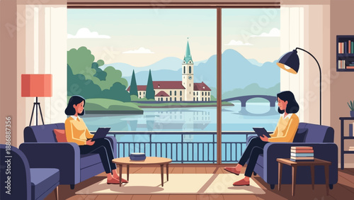 Two people reading books on couches in a living room with a scenic view