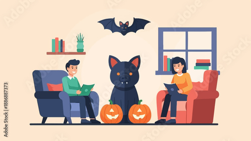 Two people reading in armchairs with a black cat, bat and pumpkins