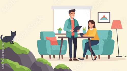 Two people interacting in a living room with a cat nearby on a hill