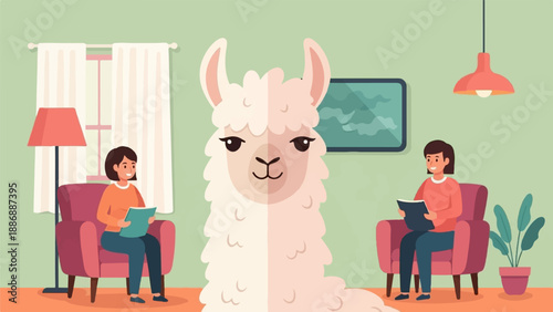 Two people reading in armchairs with a large llama in the middle