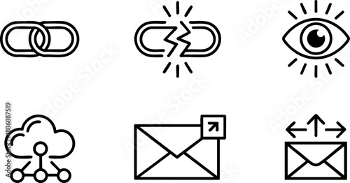 Communication Connectivity Line Icons Set Link Break Link Eye Cloud Mail Vector EPS Outline Symbols