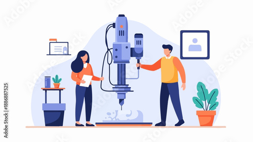 Two people observe a precision milling machine working on an object