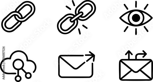 Communication Connectivity Line Icons Set Link Break Link Eye Cloud Mail Vector EPS Outline Symbols