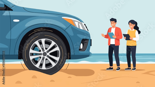 Two people observe a blue car stuck in sand near the ocean on a sunny day