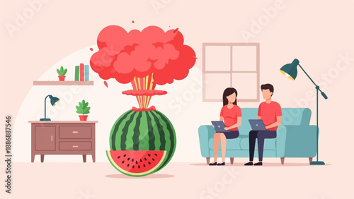Two people on a couch, a watermelon exploding, and home decor