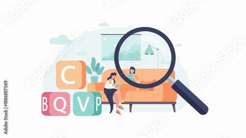 Two people on a couch examined by a magnifying glass