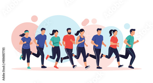 Group of diverse men and women in sportswear jogging together, promoting a healthy lifestyle, fitness, and outdoor exercise.