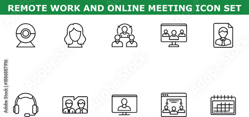 A set of remote work and online meeting icons on a white background