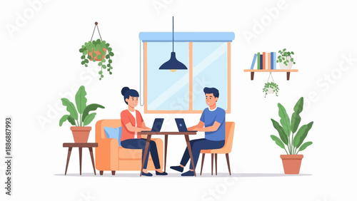 Two people work on laptops in a cozy room with plants