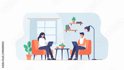 Two people work on laptops in a cozy room with plants and books