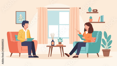 Two people talk in comfortable chairs in a room with plants and a window