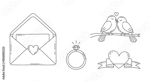 Joyful Wedding Elements Collection Featuring Love Birds A Ring An Envelope With A Heart And A Ribbon Holding A Heart For Romantic Celebrations And