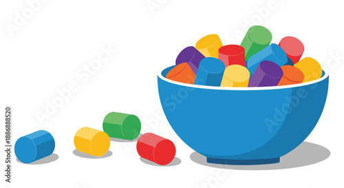 Collection of brightly colored cylindrical candies displayed in a blue ceramic bowl with a few pieces scattered on a white surface.