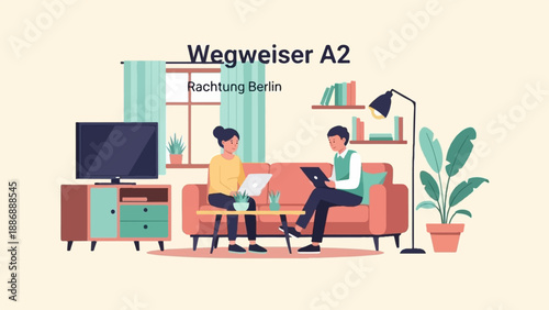 Two people in a living room, each with a laptop