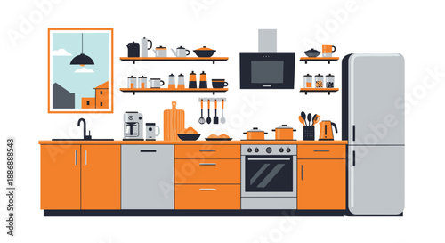 Detailed flat design illustration of a modern kitchen interior with orange cabinets, grey appliances, open shelving, and cooking utensils.