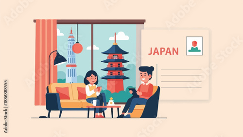 Two people in a living room enjoying drinks with a view of Japanese landmarks
