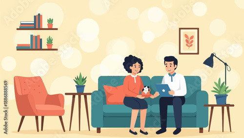 Two people in a living room, one holding a pet, the other holding a tablet