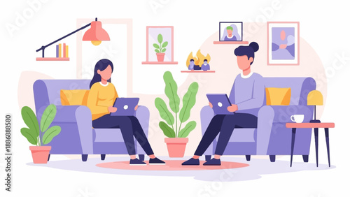 Two people in a living room on couches using laptops