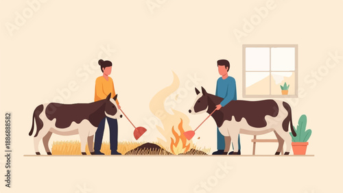 Two people tending to cows around a campfire indoors