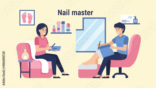 Two people in a nail salon, one customer with feet up, one artist working