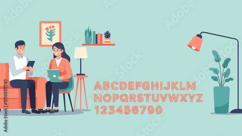 Two people in a room are interacting with devices, with decorative elements and alphabet displayed