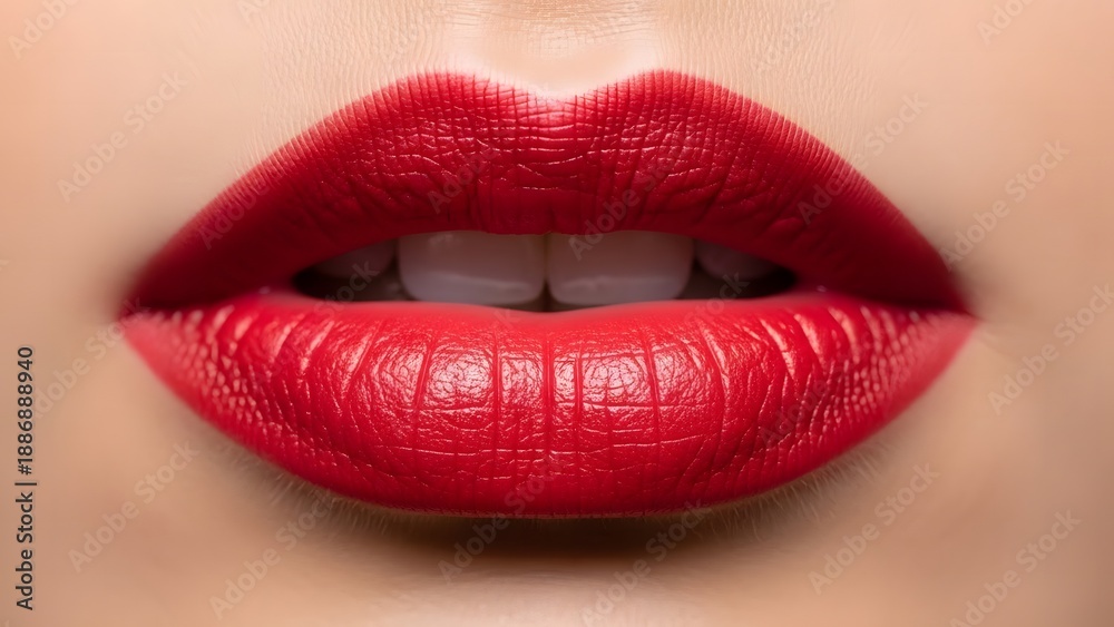 Obraz premium Extreme Close-up of Full Lips with Bright Glossy Red Lipstick