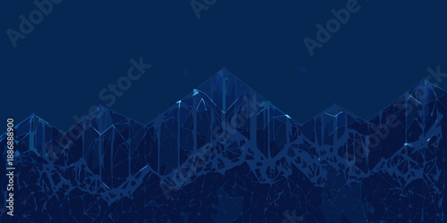 Dark blue geometric mountains and abstract shapes create a minimalist landscape