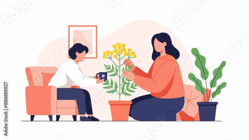 Two people tending to plants and enjoying a drink indoors