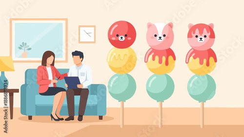 Two people in a room with dango skewers and a potted plant