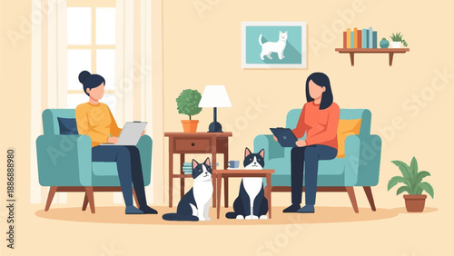 Two people sit in chairs with cats and laptops in a cozy room