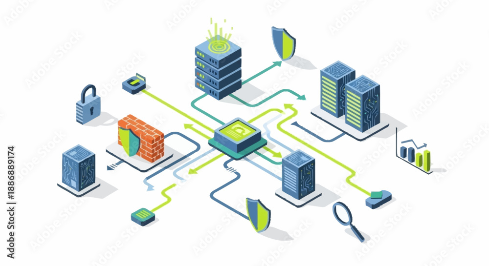 Obraz premium Isometric illustration of a complex network system with various interconnected components and data flow.