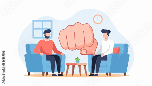 Two people sitting in armchairs facing each other with a large fist between them