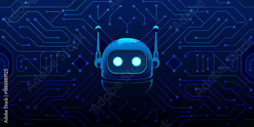A futuristic robot head integrated with a complex digital circuit background