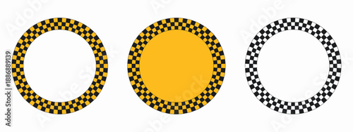 Checkerboard Round Race Flag, circular frame with classic checkered pattern, motorsport finish symbol, racing victory concept, isolated vector graphic design.