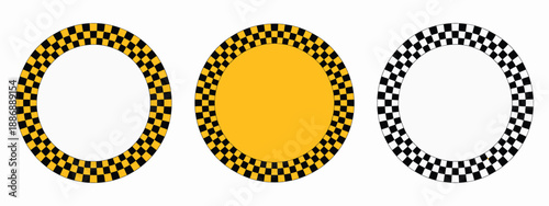 Checkerboard Round Race Flag, circular frame with classic checkered pattern, motorsport finish symbol, racing victory concept, isolated vector graphic design.