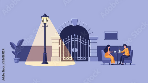 Two people sit at a table outside a gate, near a lamp post and plant