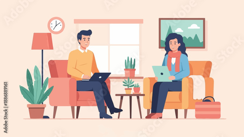 Two people sitting in armchairs, each working on a laptop