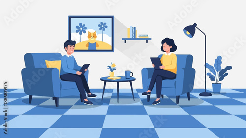 Two people sitting in armchairs in a room, each holding a tablet