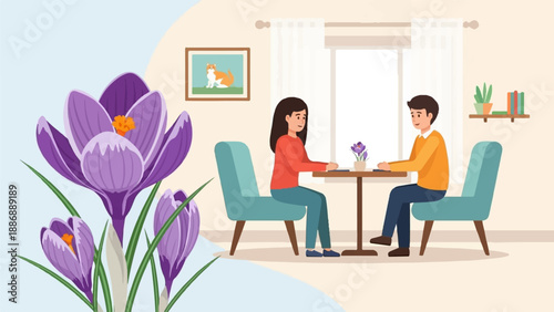 Two people sit at a table, sharing a meal with flowers