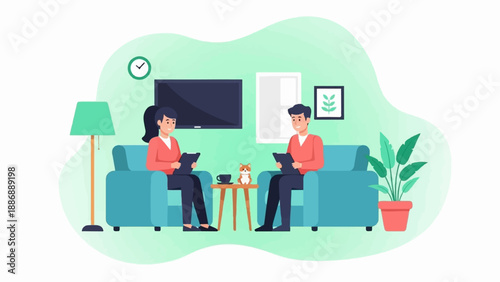 Two people sitting in armchairs, talking and taking notes