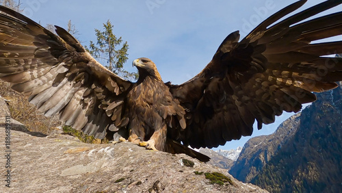 Golden Eagle landing with wings spread in the Orobie Bergamasche Alps, Italy