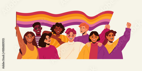 Diverse group of people proudly holding a vibrant rainbow pride flag together