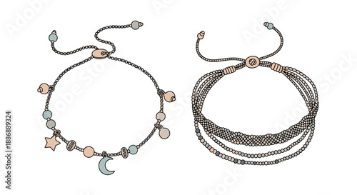 Two handcrafted beaded bracelets with charms like a moon and star showing intricate jewelry design on a white background.