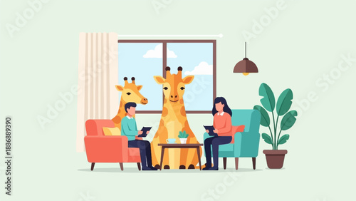 Two people sit in comfortable chairs while two giraffes observe