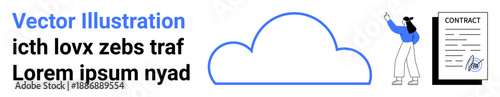Cloud outline in center, woman pointing to tablet displaying contract. Ideal for cloud storage, legal tech, digital business, teamwork, secure data, e-signature, simple landing page