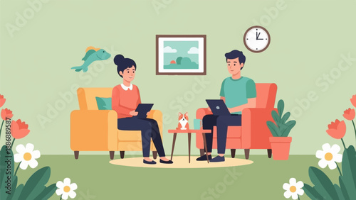 Two people sit in cozy chairs, one with a laptop, the other with a tablet