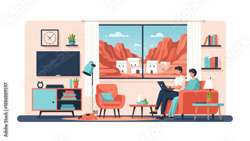 Two people using a laptop on a couch with a desert landscape view