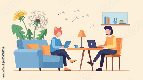 Two people work on laptops in a cozy room with dandelions