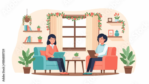 Two people sitting in chairs in a room, working on laptops